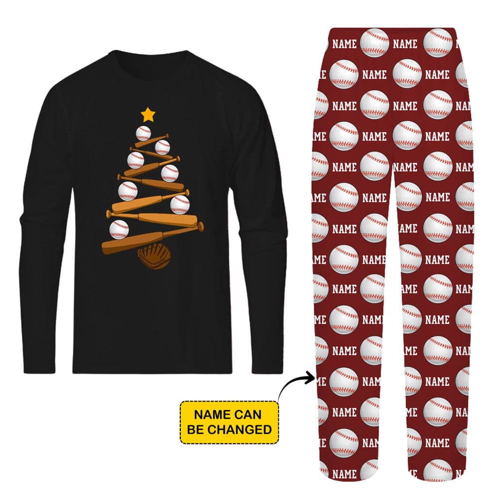 Baseball Christmas Tree Dog And Family Matching Pajamas With Custom Name 1