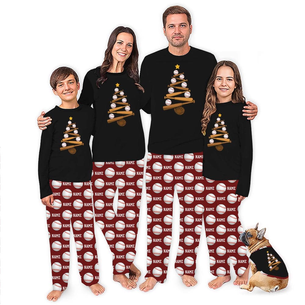 Baseball Christmas Tree Dog And Family Matching Pajamas With Custom Name 0