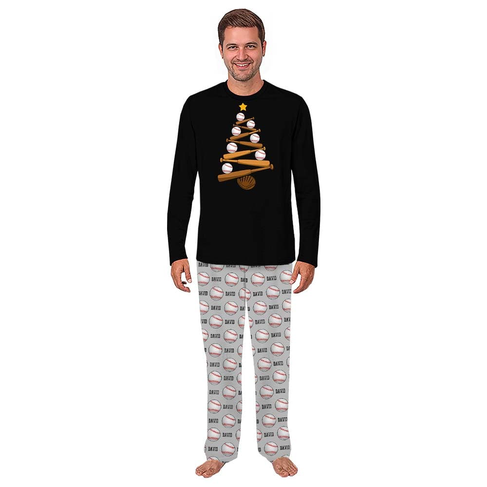 Baseball Christmas Tree Dog And Family Matching Pajamas With Custom Name 3