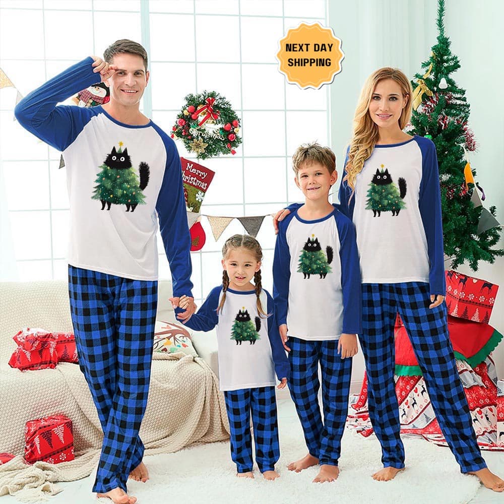Cute Black Cat Christmas Tree Family Xmas Pajamas Sets 1