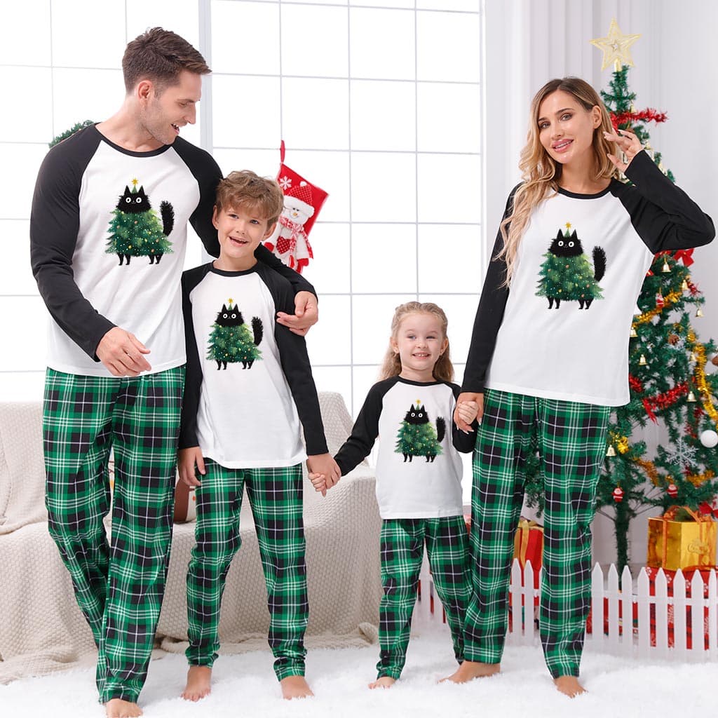 Cute Black Cat Christmas Tree Family Xmas Pajamas Sets 3