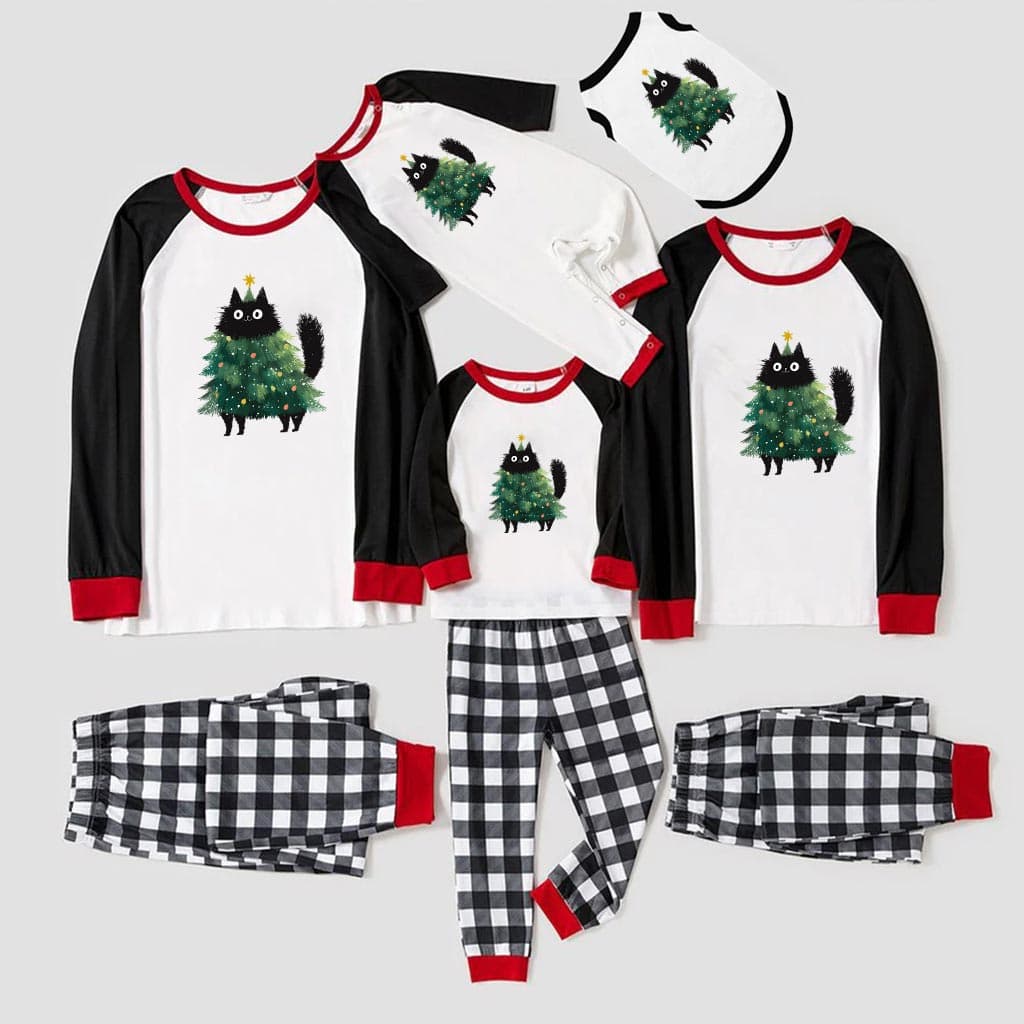 Cute Black Cat Christmas Tree Family Xmas Pajamas Sets 6