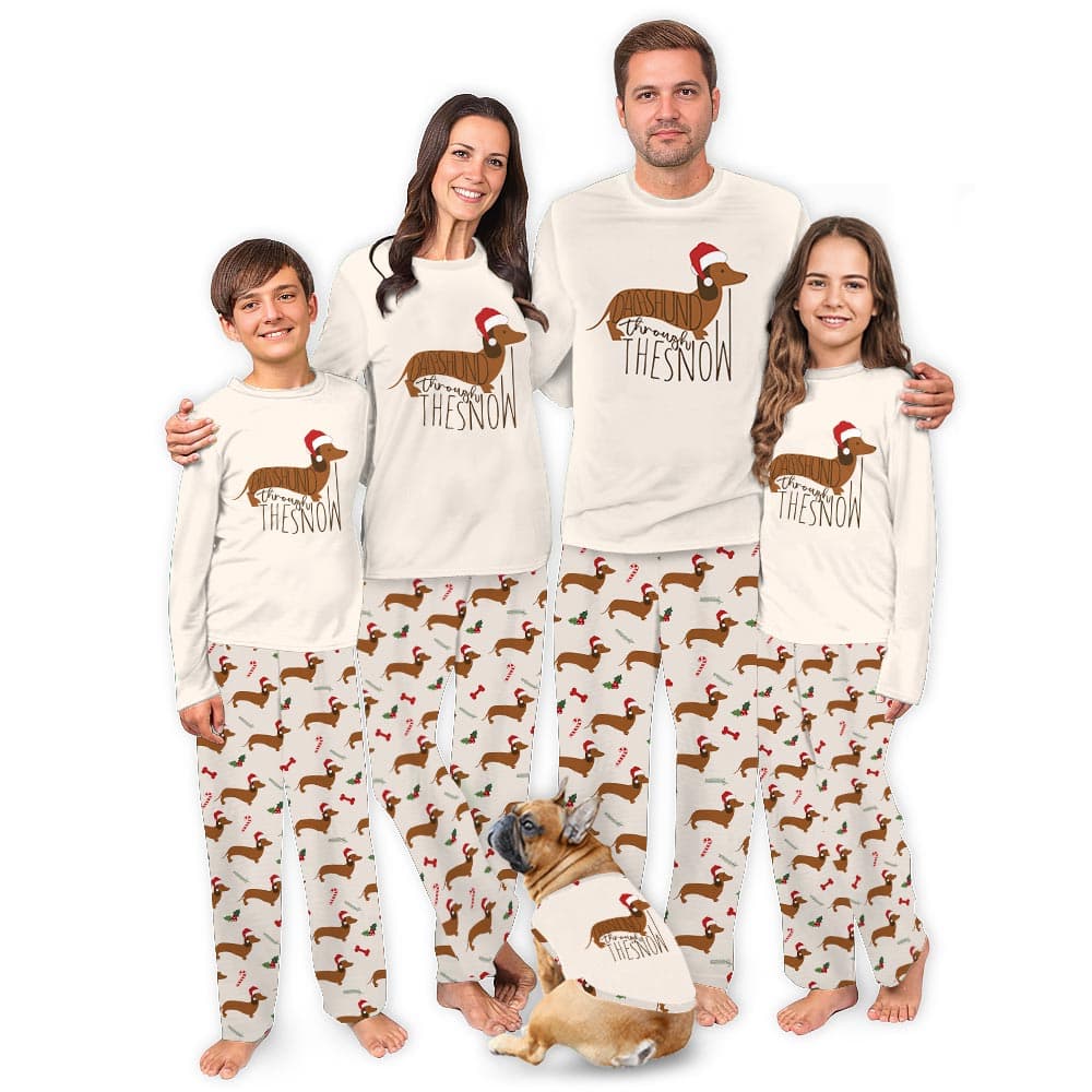Cute Dachshund Through The Snow Saying Family Christmas Pajamas 0