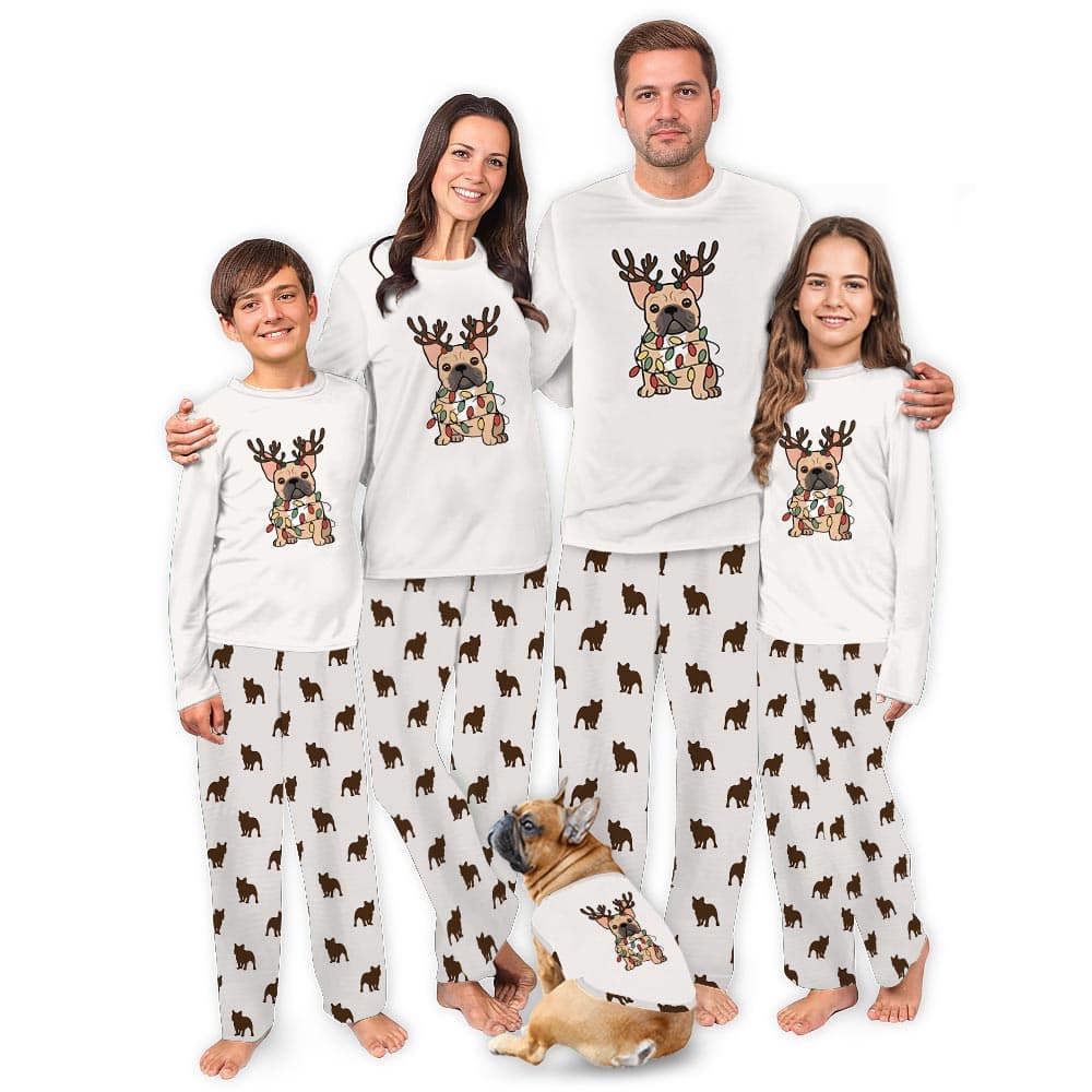 Cute French Bulldog with Reindeer Matching Christmas Pajamas 0